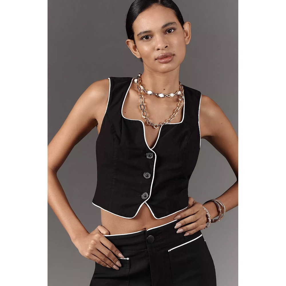 Anthropologie NWT Maeve Western Piped Vest XL Black Button Front‎ Cinch Back